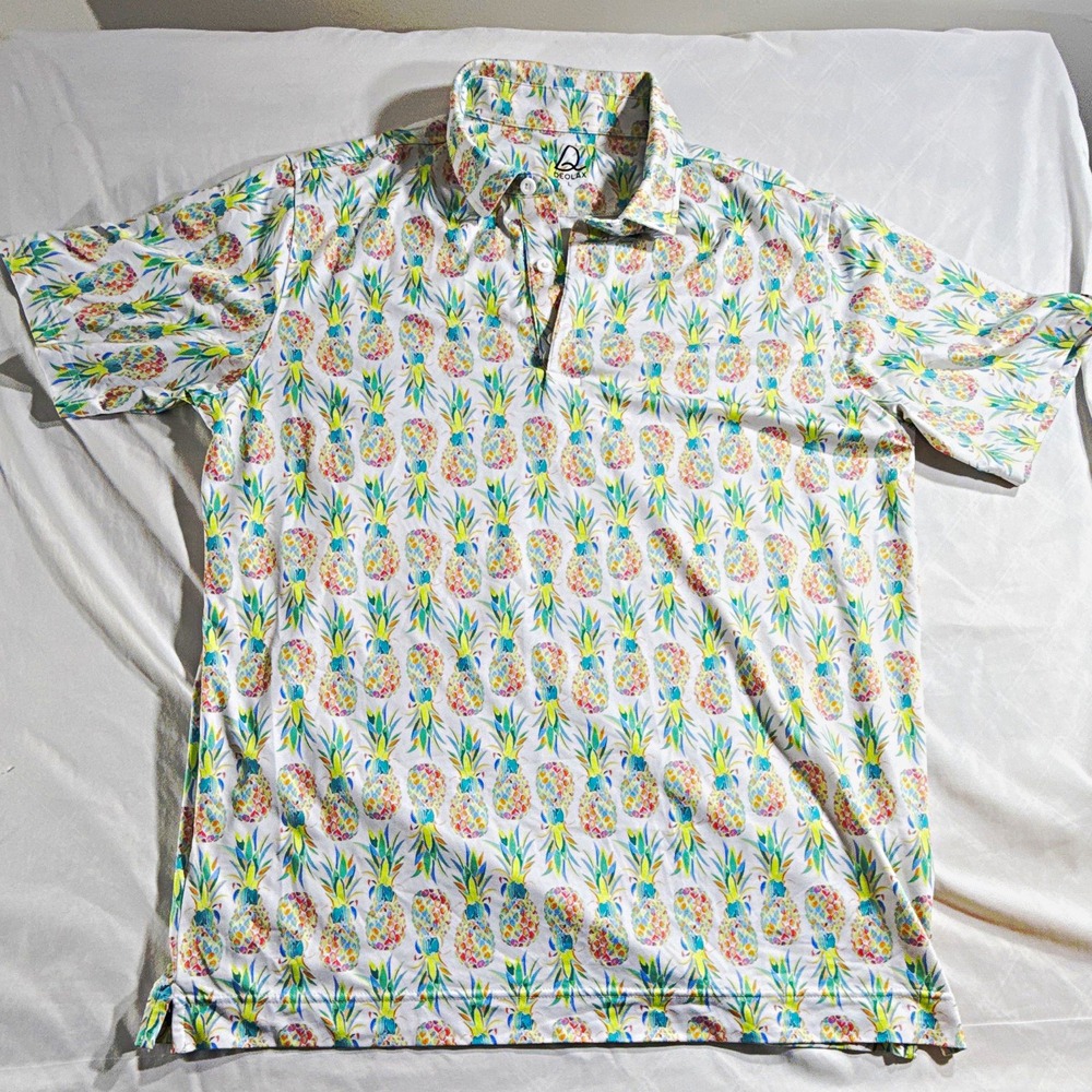 Deolax Mens L White Multicolor Tropical Pineapple Graphic Print Stretch Polo